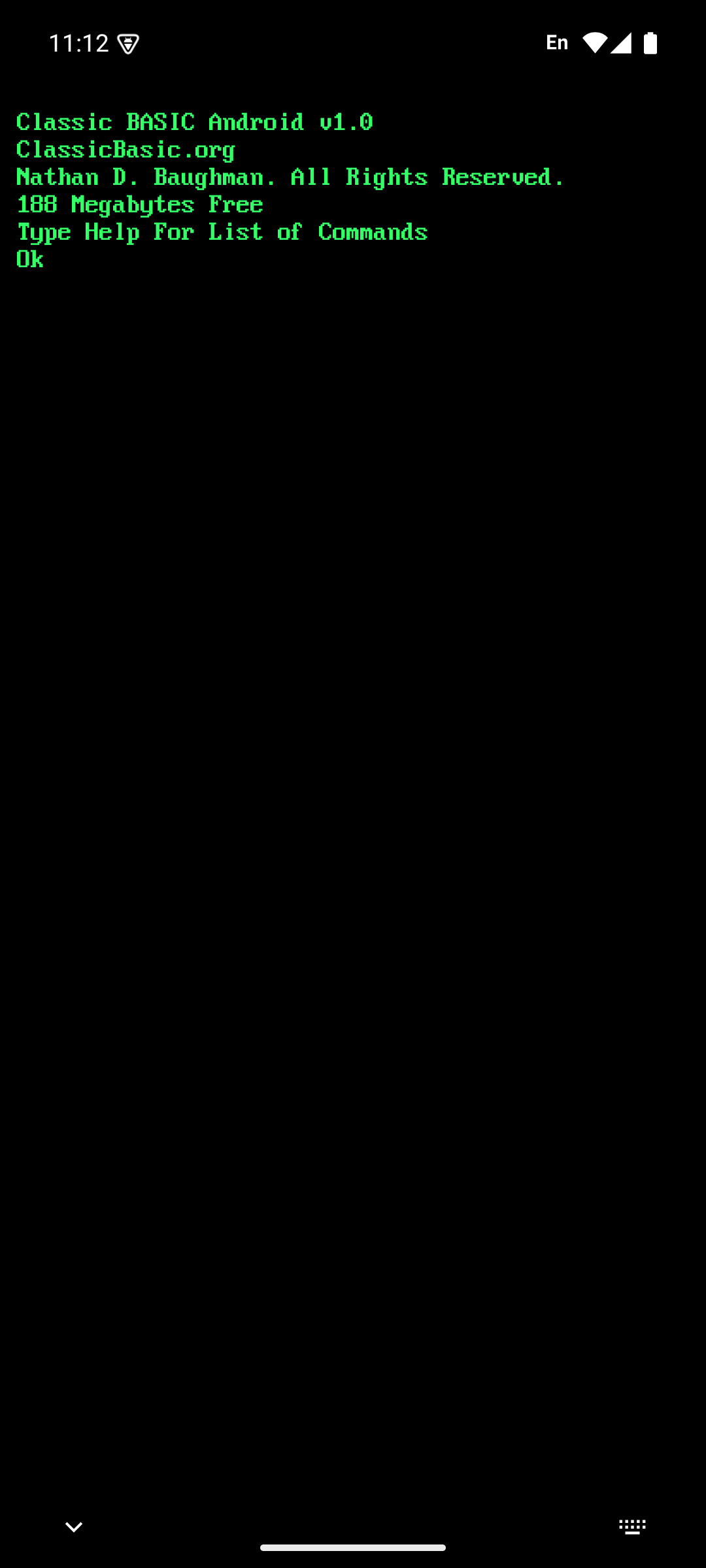 Classic BASIC terminal startup screen on Android